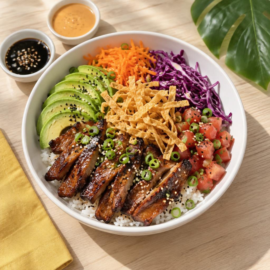 Regional Bowl con cecina teriyaki, palta, col morada y wantán frito